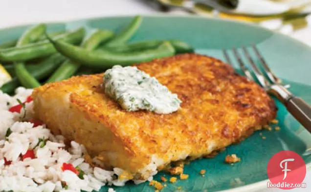 कॉर्नफ्लेक-चिली के साथ क्रस्टेड हलिबूट-सिलेंट्रो एओली