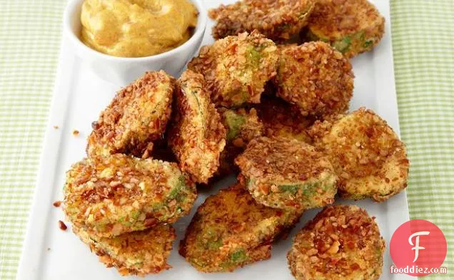 Pretzel-Crusted Pickle Chips with Mustard Sauce