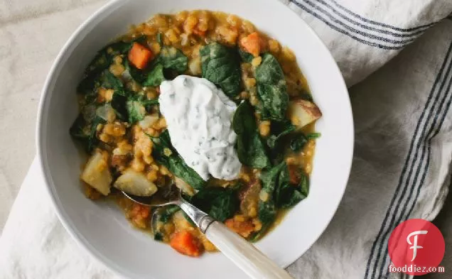 Red Lentil And Vegetable Soup With Chive Yogurt
