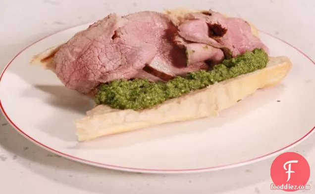 Roast Beef French Dip with Green Pea Pesto