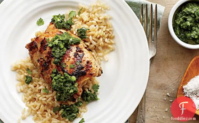 Grilled Chicken Thighs with Cilantro-Mint Chutney
