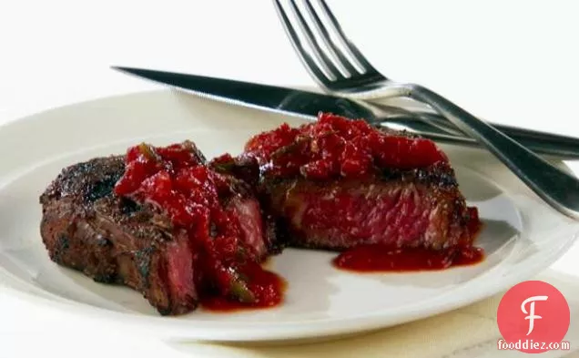 Grilled Rib Eye with Tomato and Poblano Chile Sauce