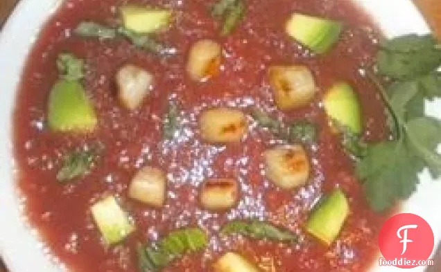 Chilled Tomato Soup with Seared Scallops, Avocado, and Ripped Basil