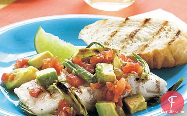 Grilled Halibut with Onion, Spicy Tomatoes, and Avocado
