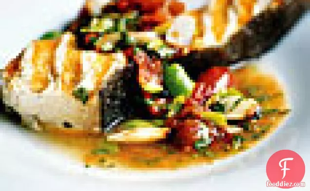 Grilled Halibut With Lima Bean And Roasted Tomato Sauce