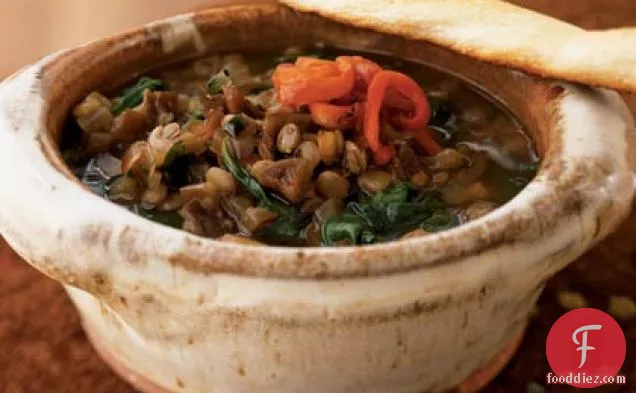 Lentil and Spinach Soup with Roasted Red Pepper and Pomegranate Molasses