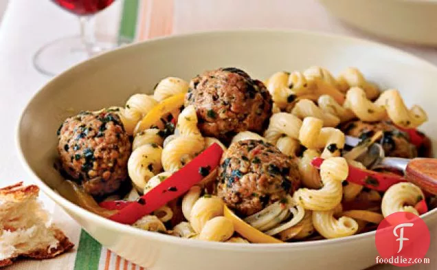 Pasta with Sausage Meatballs, Peppers, and Onions