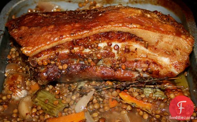 Slow Roast Pork Belly With Cider & Lentils