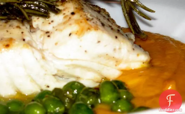 Halibut with Rosemary Peas & Baby Carrot Puree