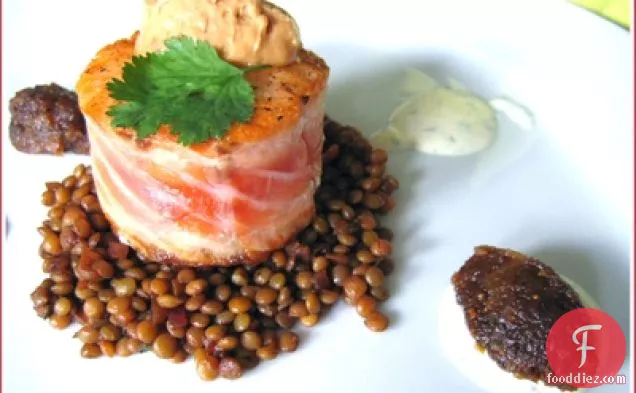 Tournedos Of Salmon, Spiced Lentils And Foie Gras