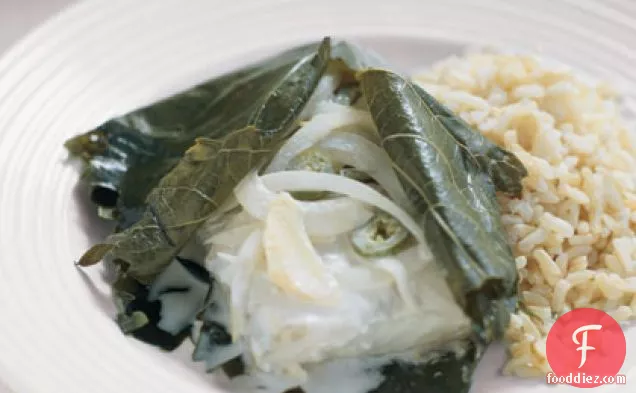 Halibut Wrapped in Grape Leaves