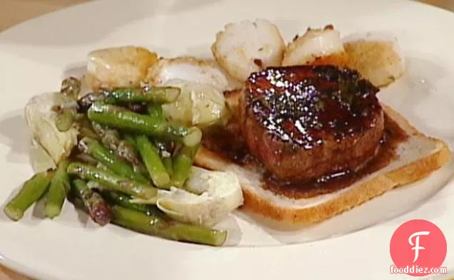 Baked Scallops and Seared Tournedos with Artichoke Hearts and Asparagus Tips