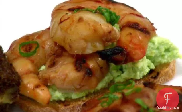 Grilled Shrimp Crostino with an Edamame-Goat Cheese Puree