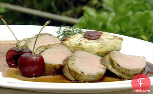 Herb Crusted Veal Tenderloin and Celery Root and Pear Sformato with Cherry Sauce
