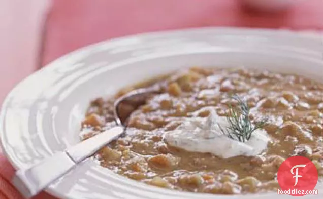 Rhubarb-Lentil Soup with Crème Fraîche