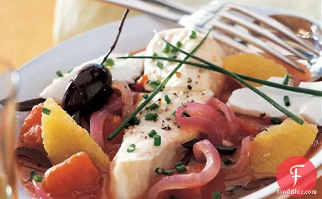 Halibut Steamed With Oranges, Tomatoes, And Olives