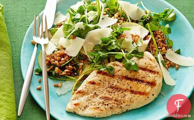 Grilled Chicken with Spelt, Pear and Watercress Salad