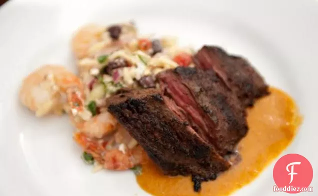 Grilled Skirt Steak with Sweet Roasted Tomato Sauce and Roasted Shrimp, Black Bean and Orzo Salad