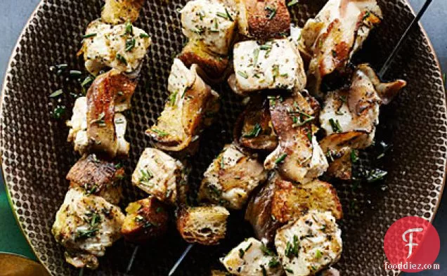 Halibut Kebabs with Grilled Bread and Pancetta