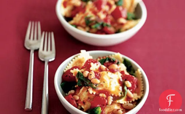 Ravioli With Tomatoes, White Beans, and Escarole