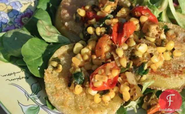 Fried Green Tomato Salad With Roasted Corn, Okra And Tomatoes