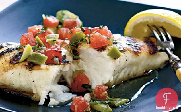 Halibut with Grilled Tomato and Olive Relish