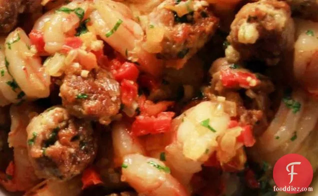 Sausage, Shrimp and Peppers over Cheesy Grits
