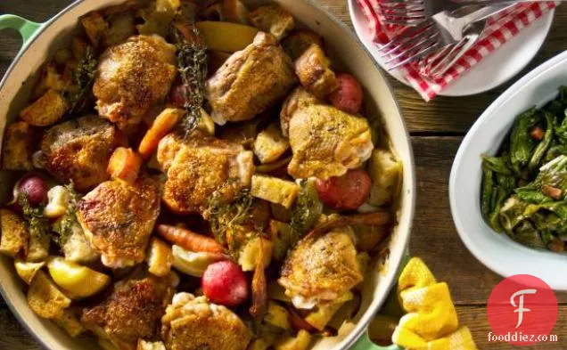 Lemon-Scented Crispy Chicken Thighs with Potatoes and Baby Carrots