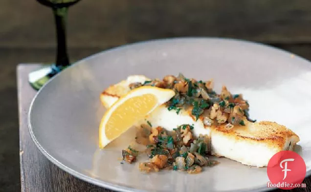 Sauteed Halibut with Pecan Shallot Topping