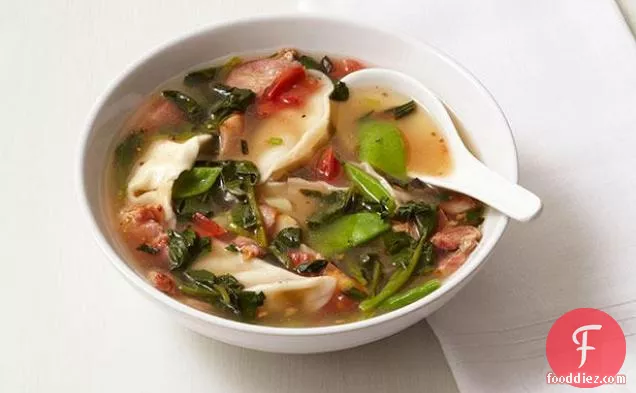 Dumpling Soup With Bacon and Snow Peas