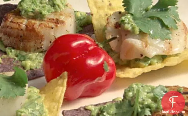 Grilled Sea Scallops on Tortilla Chips with Avocado Puree and Jalapeno Pesto
