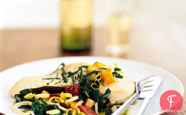 Halibut with Swiss Chard, Leek and Pepper Stew