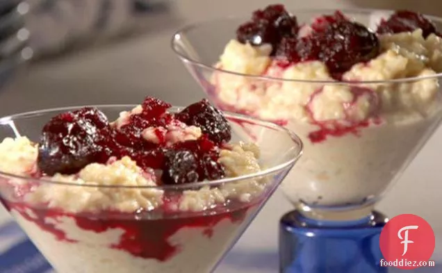 Toasted Coconut Rice Pudding with Cherry Sauce