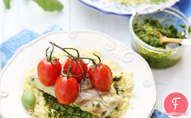 Grilled Halibut And Tomatoes With Pesto Orzo