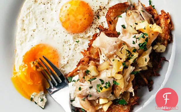 Crisp Latkes with Chicken Confit and Eggs