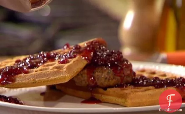Savory Sour Cream and Chive Waffles with Sausage and Lingonberry Syrup