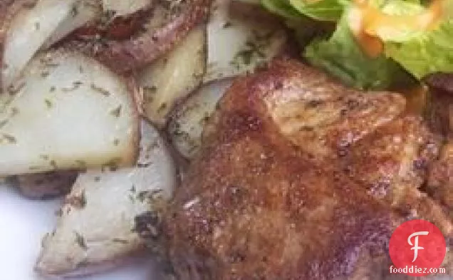Spicy Pork Chops with Herbed Roasted New Potatoes