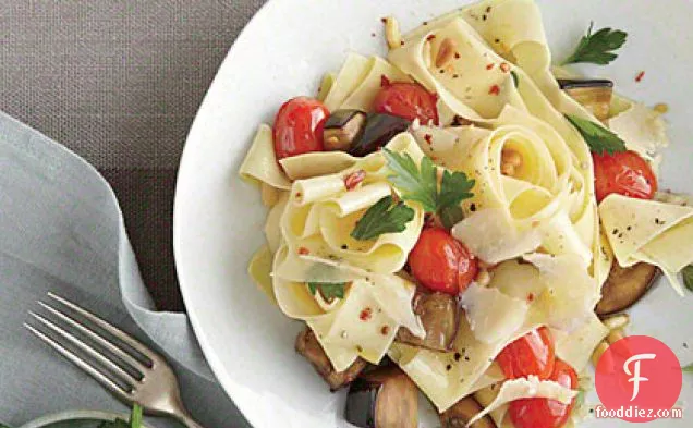 Pasta with Eggplant, Pine Nuts, and Romano