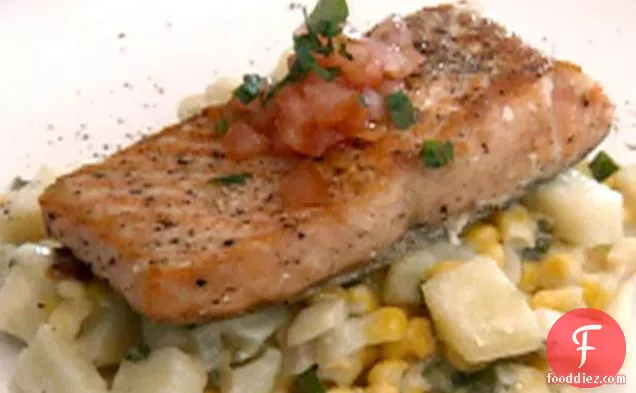 Seared Salmon over Risotto Style Potatoes and Corn