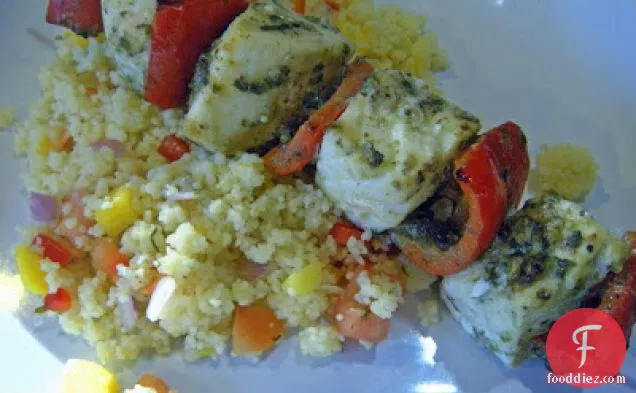 Pesto Halibut Kebabs With Couscous