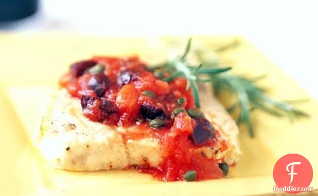 Olive Oil-Poached Mahimahi with Mediterranean Tomato Sauce