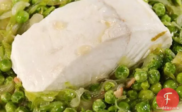 Braised Halibut Served in Casserole with Peas a la Francaise