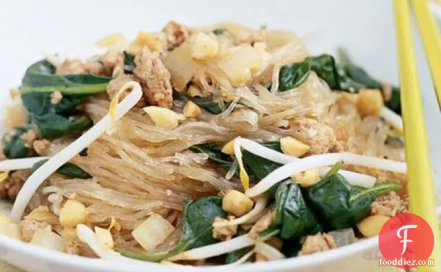 Rice Noodles with Pork, Spinach, and Peanuts