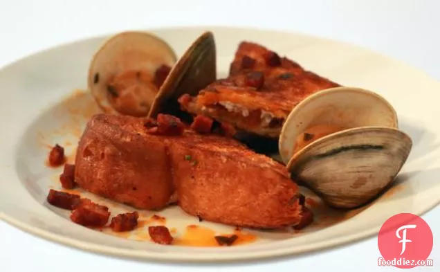 Mascarpone and Bacon Stuffed French Toast with Chorizo and Clams