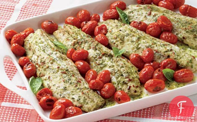 Pesto-Marinated Striped Bass with Warm Tomatoes