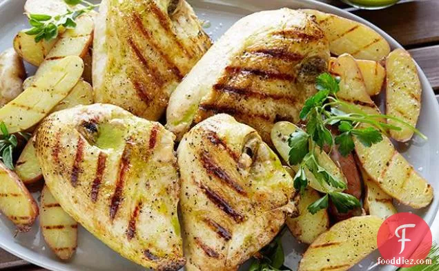 Grilled Chicken with Roasted Garlic-Oregano Vinaigrette and Grilled Fingerling Potatoes