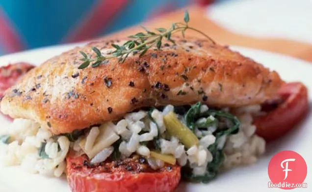Crispy Salmon with Risotto and Slow-Roasted Tomatoes