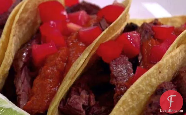 Grilled Skirt Steak Tacos with Roja Salsa