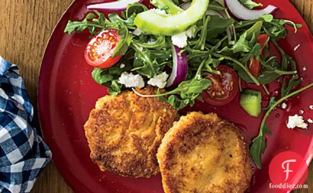 Hummus-and-Rice Fritters with Mediterranean Salad