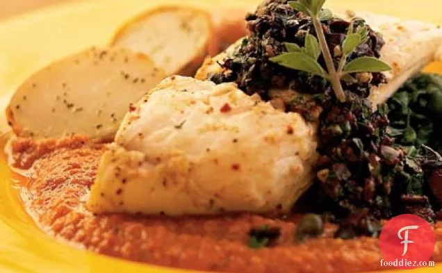 Roasted Halibut with Romesco Sauce and Olive Relish